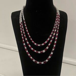 NEW Diamonique Alternating Ruby & White Sapphire Round Tennis Necklace